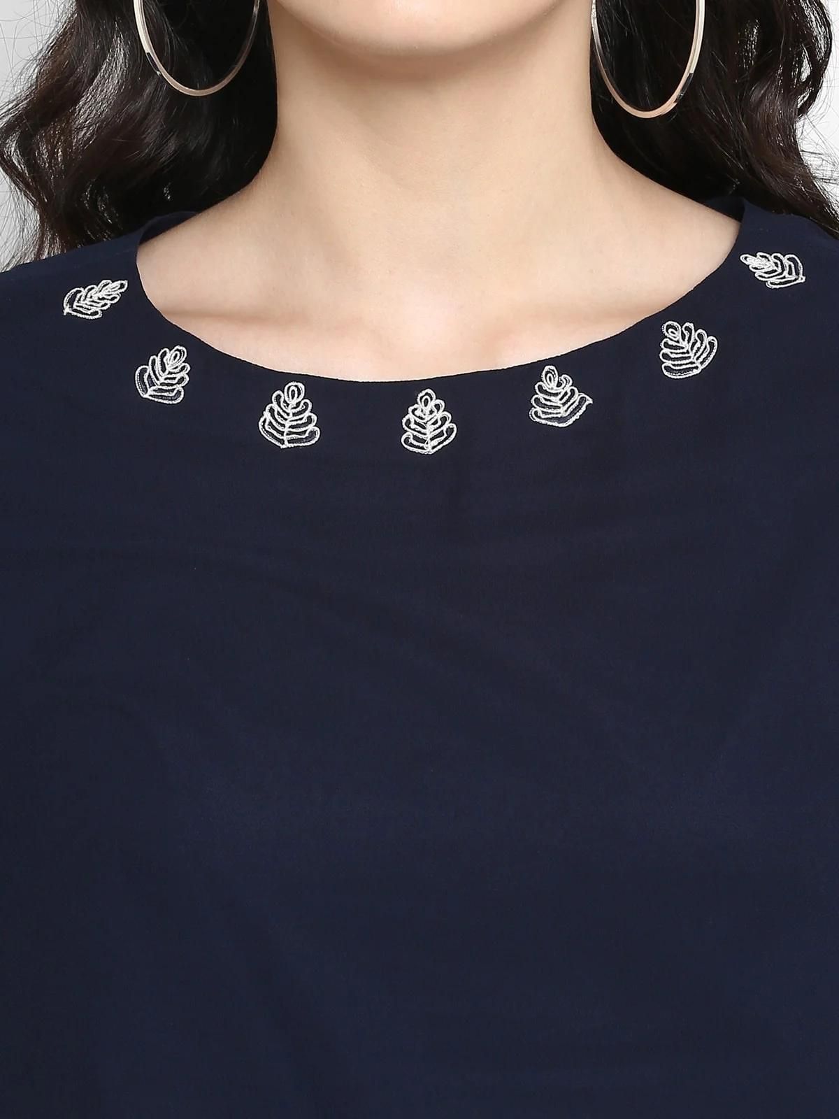 PANNKH Navy Blue Embroidered Sheer Top