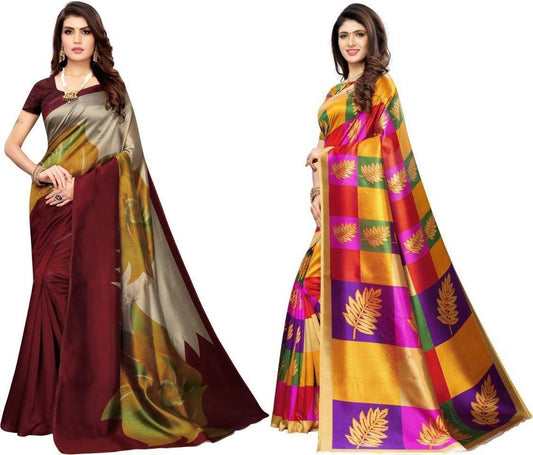 Delicate Printed Mysore Silk Saree With Printed Blouse(Pack Of 2)